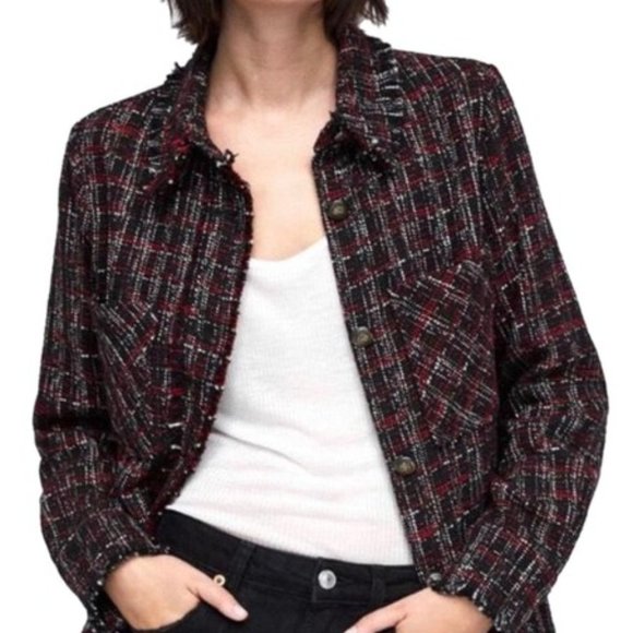 NWT Zara Size M Black Red Tweed Button Up Jacket - Picture 2 of 3